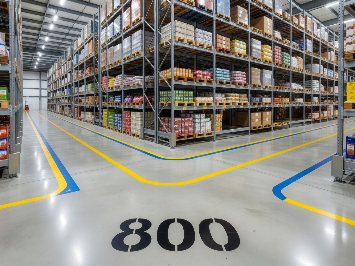 Clean food warehouse aisle with marked floor routes and storage racking
