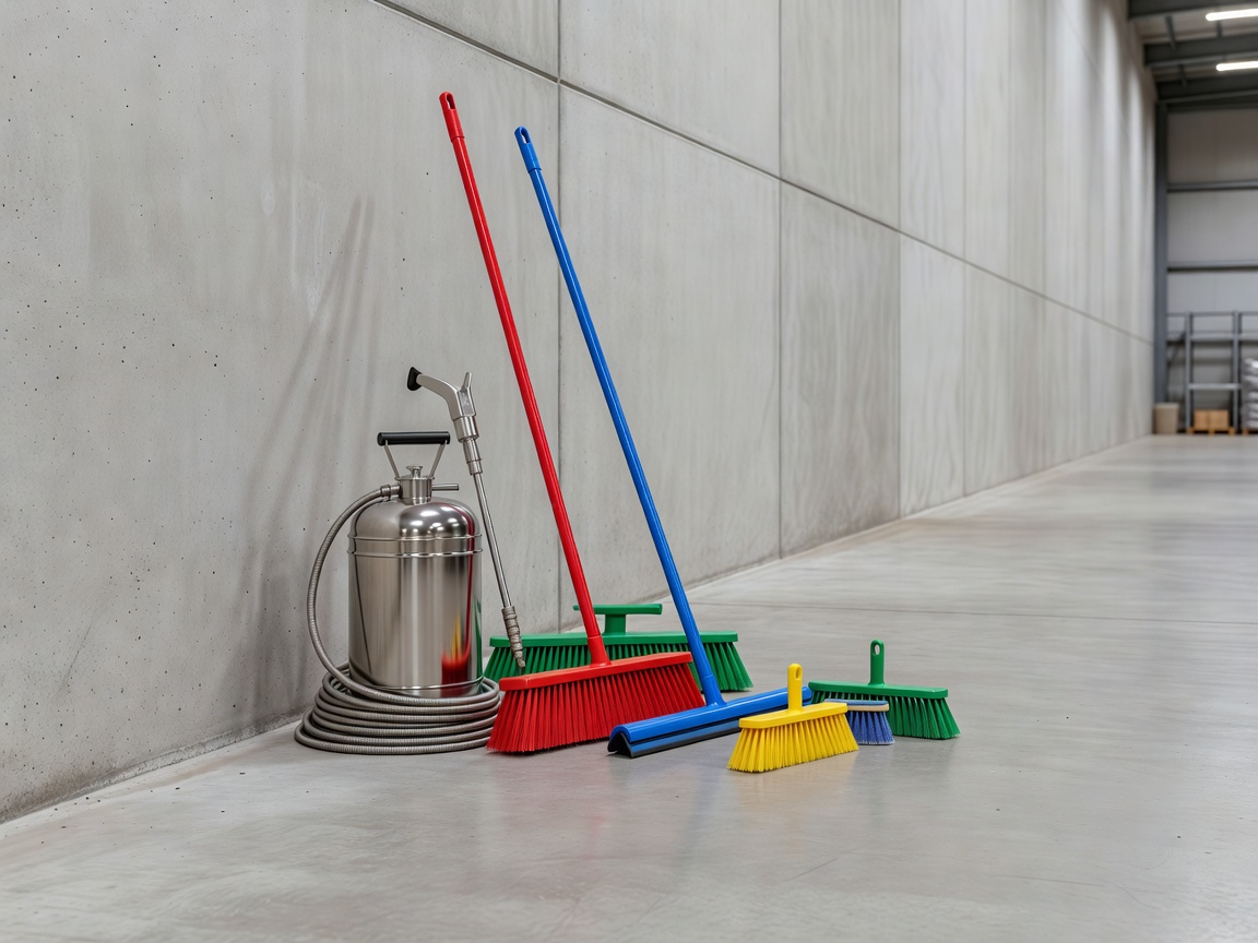 Food-safe cleaning equipment arranged beside a warehouse surface