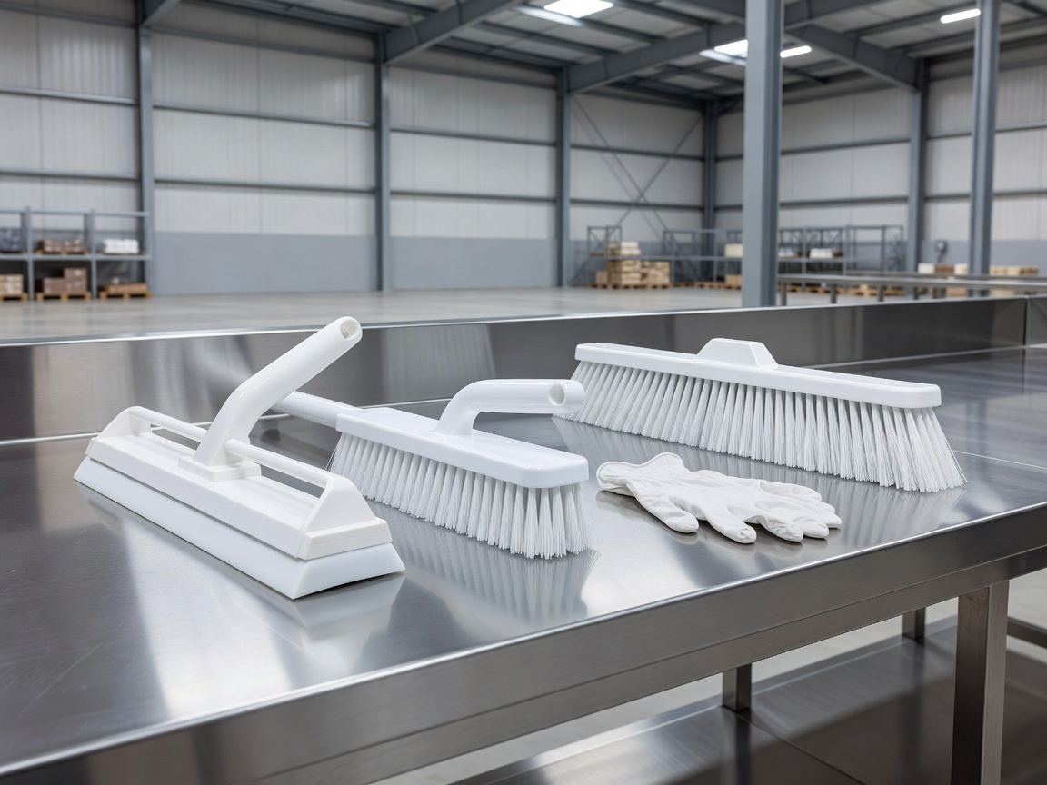 Food-safe cleaning tools positioned beside a stainless warehouse work surface