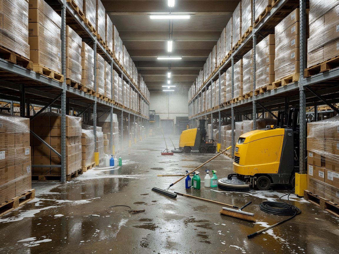 Food warehouse floor and storage aisle during cleaning preparation
