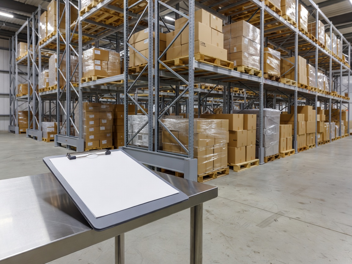 Hygiene inspection clipboard beside a clean warehouse storage area