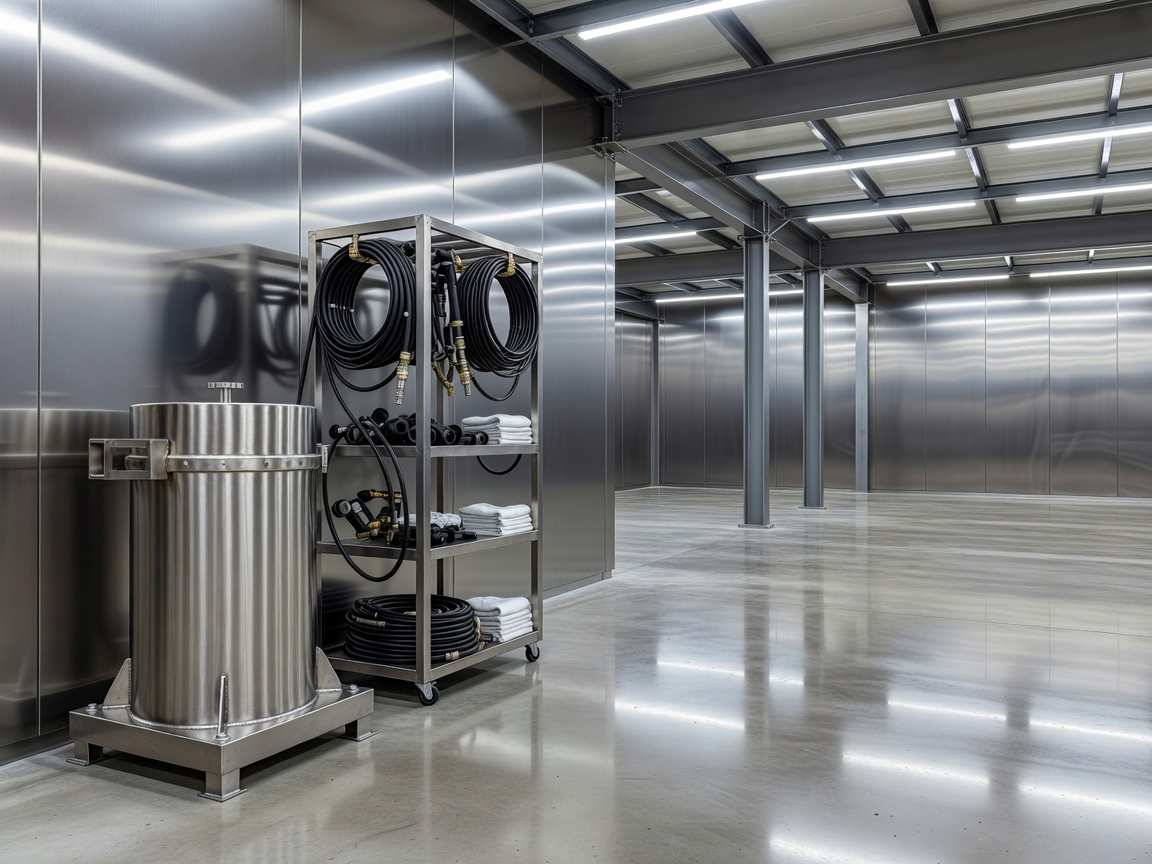 Industrial sanitation equipment beside a clean stainless warehouse area