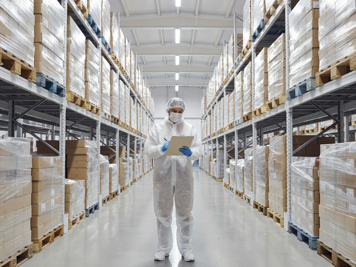 Operator inspecting a clean food warehouse aisle with a clipboard