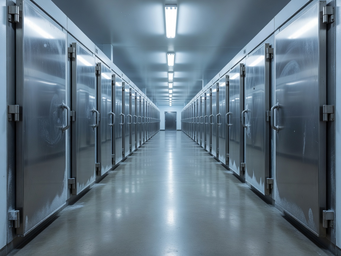 Refrigerated food storage corridor with clean floor and insulated doors