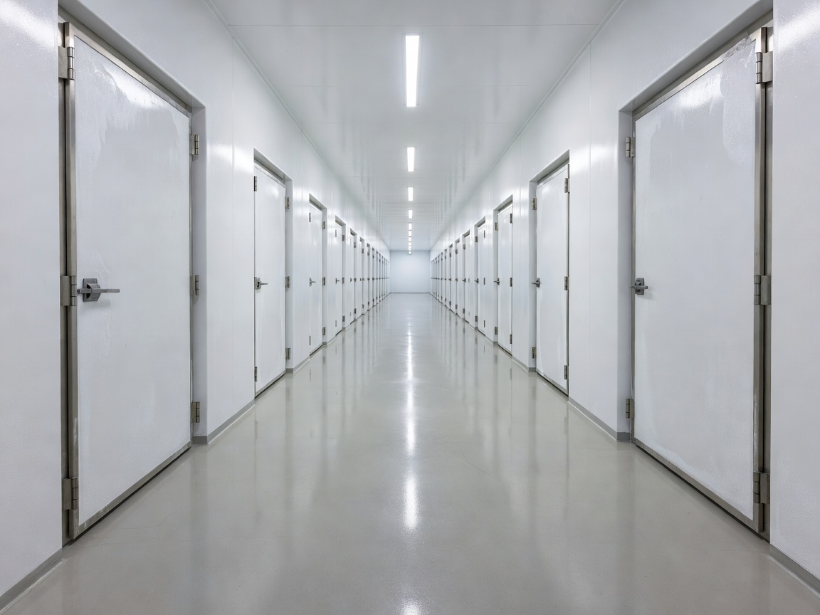 Refrigerated warehouse corridor with insulated doors and clean access route