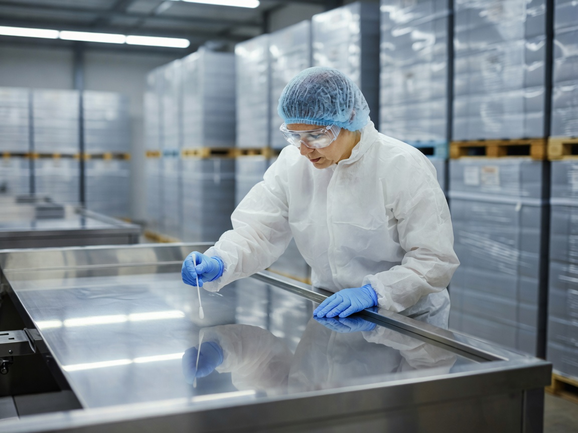 Sanitation operator checking a stainless warehouse contact surface