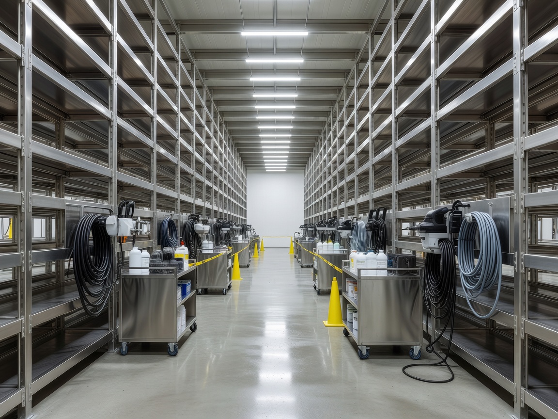 Stainless food warehouse aisle prepared for hygiene servicing